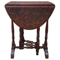 Antique English Table Drop Leaf Gateleg Oval Carved Top Trestle Base