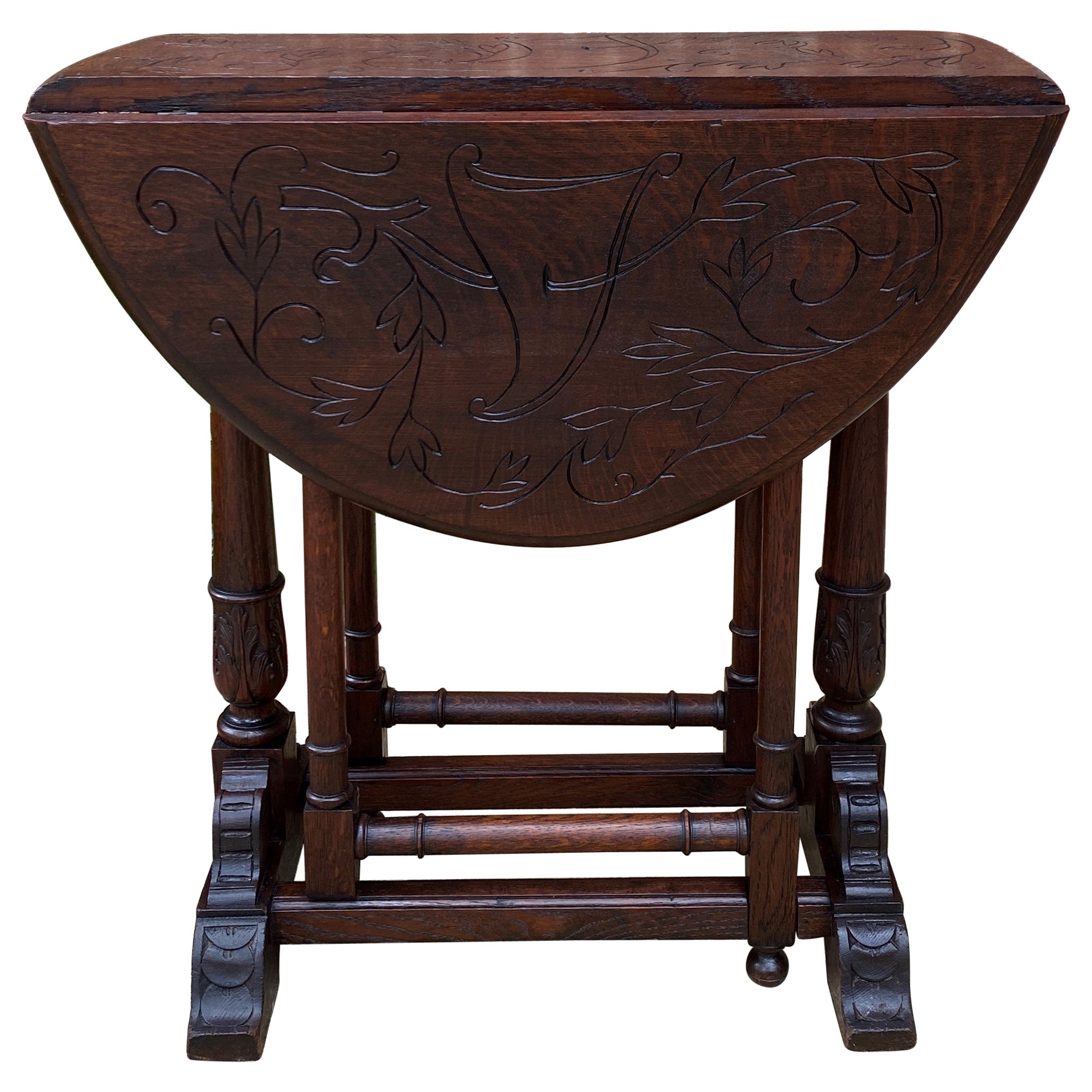 Antique English Table Drop Leaf Gateleg Turned Post Carved Top Trestle Base Oak For Sale