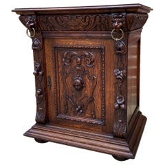 Antique French Nightstand End Table Cabinet Carved Oak Lions Renaissance 19th C