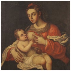 17th Century Oil on Canvas Italian Religious Painting Our Lady of the Milk, 1680