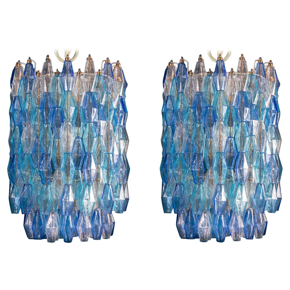 Paar saphirefarbene Poliedri-Kronleuchter aus Muranoglas im Stil von C. Scarpa, Paar