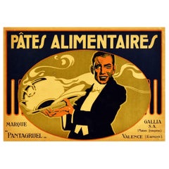 Original Antique Food Advertising Poster Pantagruel Pasta Art Deco Waiter Spain