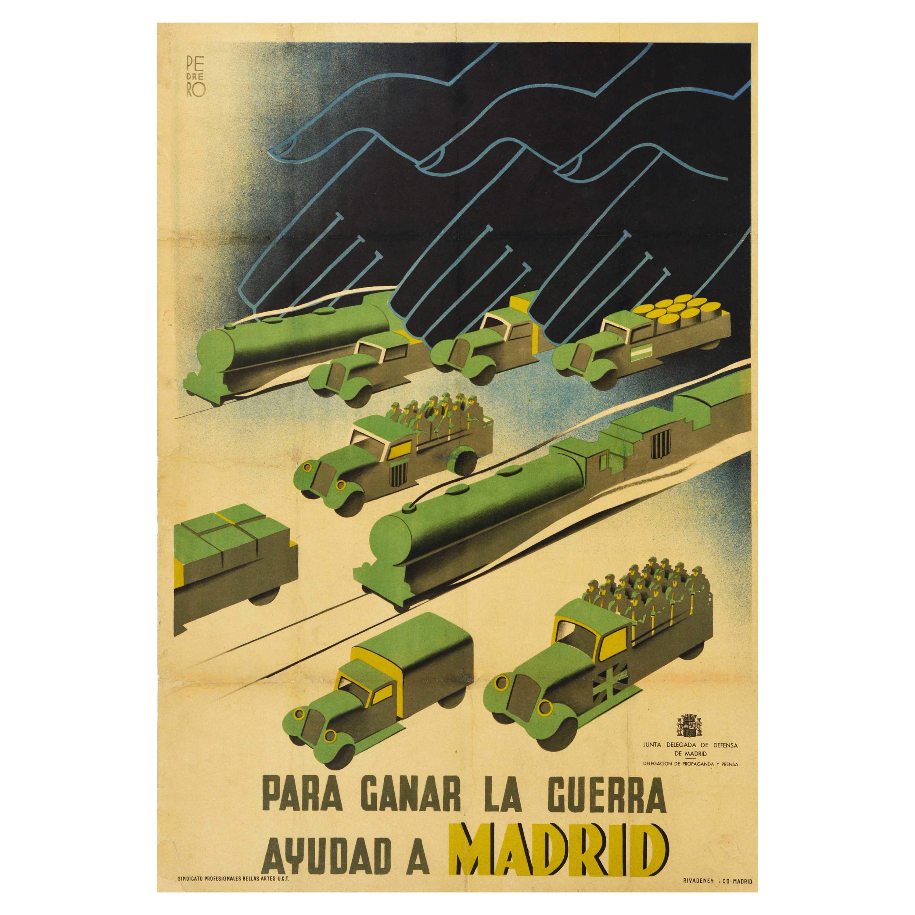 Original Vintage Cartel Guerra Civil Española Ayuda Madrid Ganar Propaganda Republicana en venta