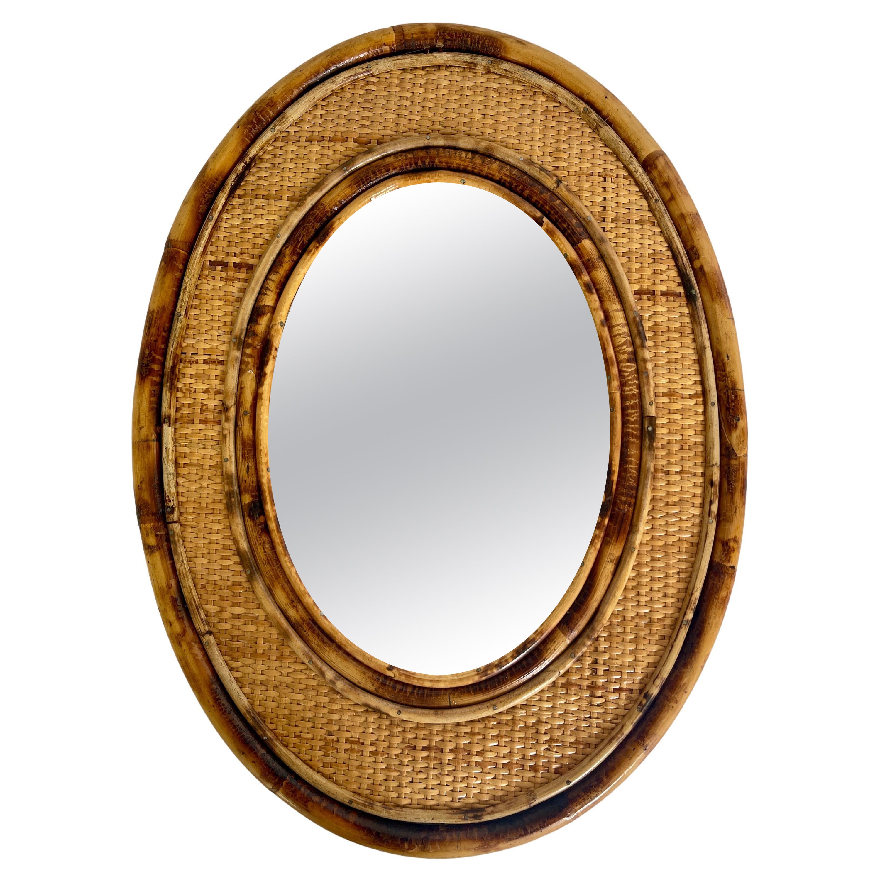  1970's Bamboo Framed Rattan Oval Mirror