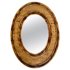 Used Gabriella Crespi Style 1970's Bamboo Framed Rattan Oval Mirror