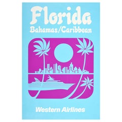 Original Vintage Travel Poster Florida Bahamas Caribbean Western Airlines Palm