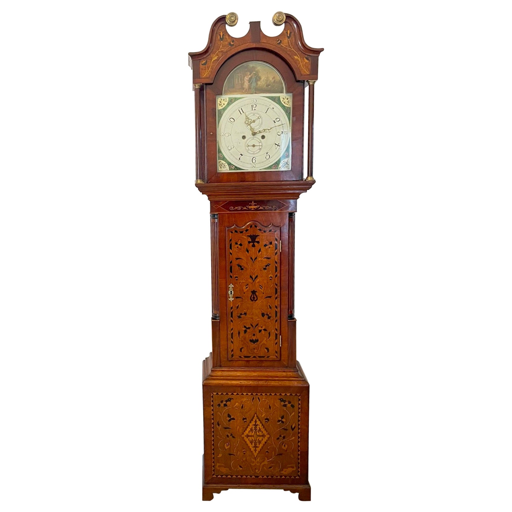 Outstanding Antique Inlaid Marquetry Oak and Mahogany George III Longcase Clock 