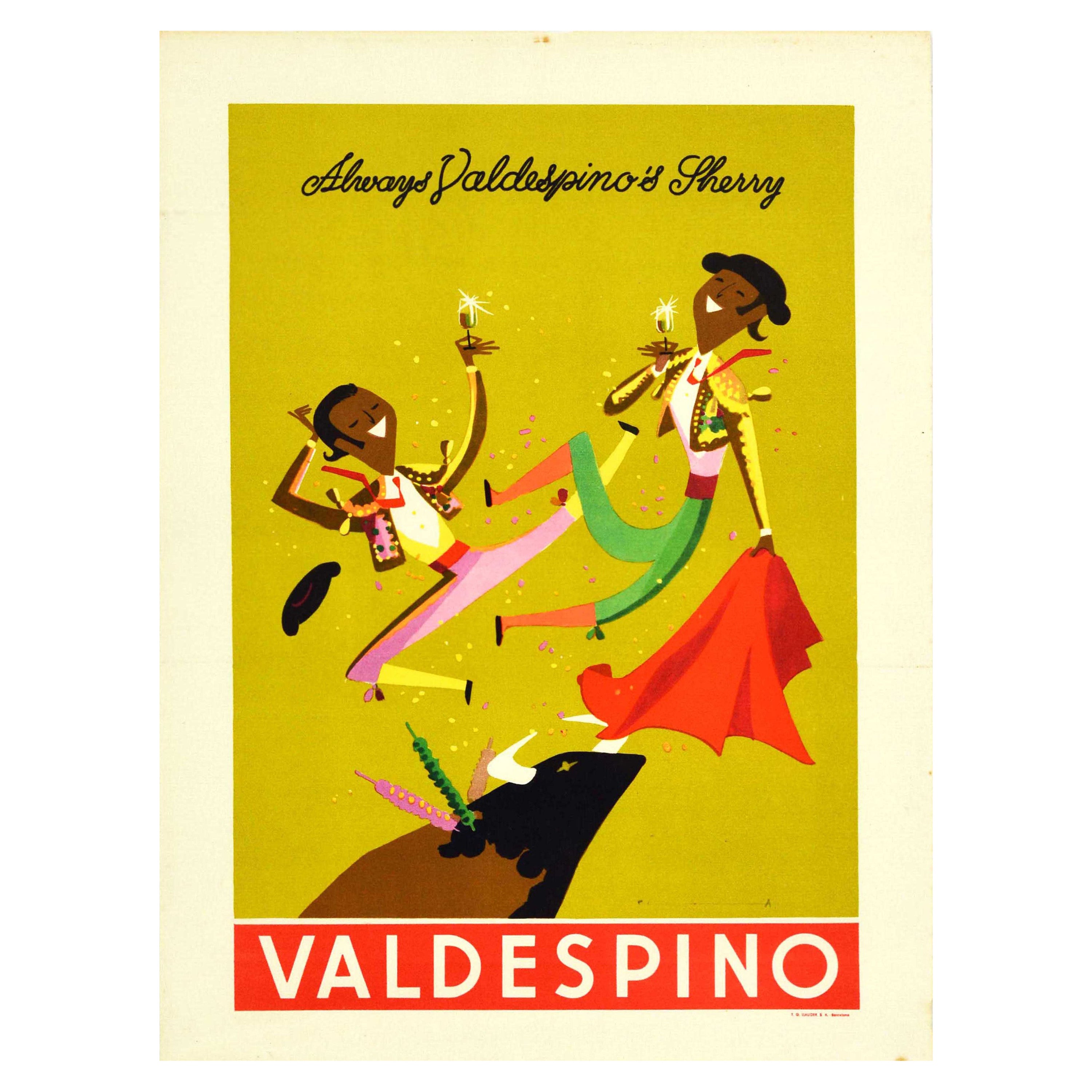 Original Vintage Drink Advertising Poster Sherry Wine Valdespino Matador Spain For Sale