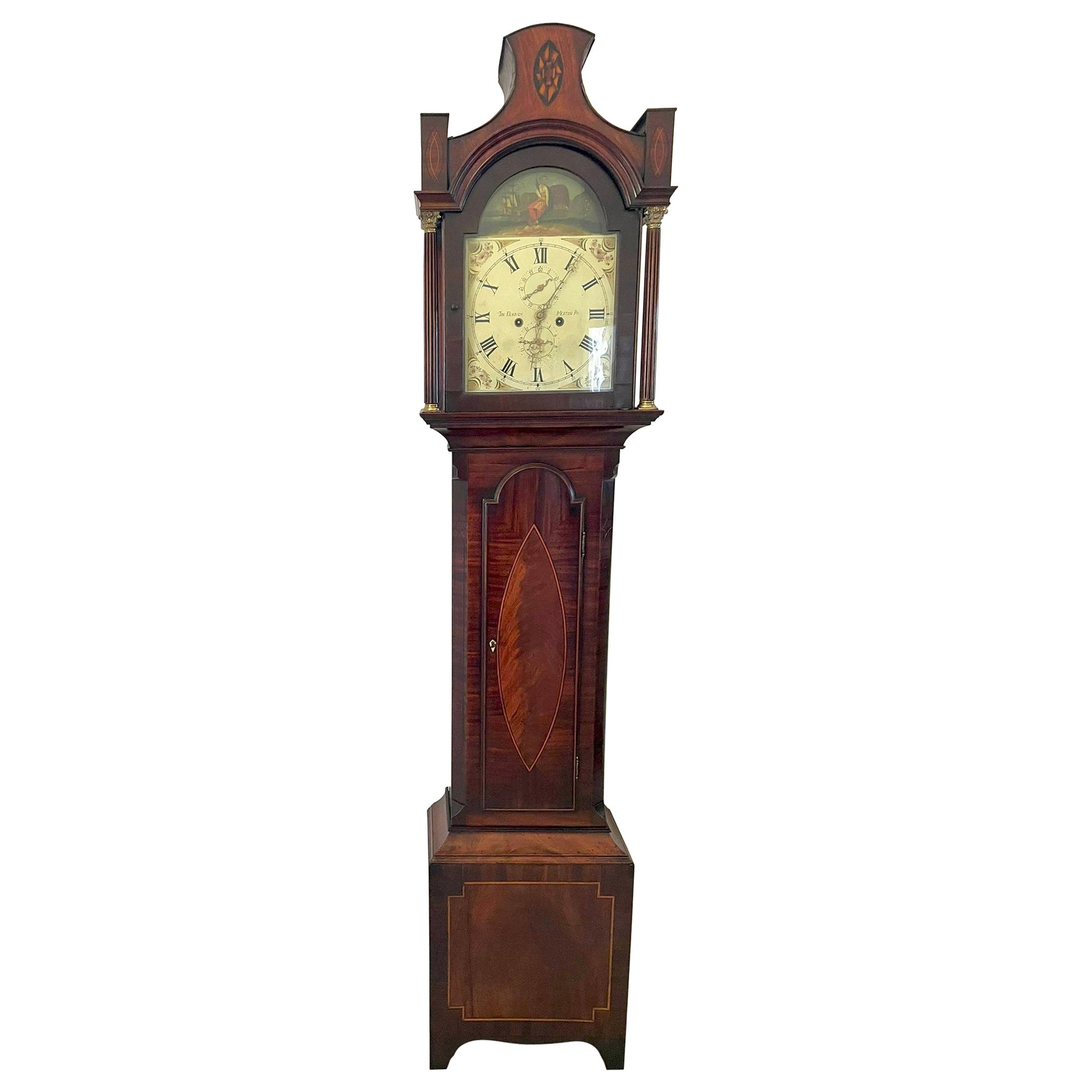 Horloge de parquet ancienne George III de qualité supérieure en acajou incrusté de huit jours 