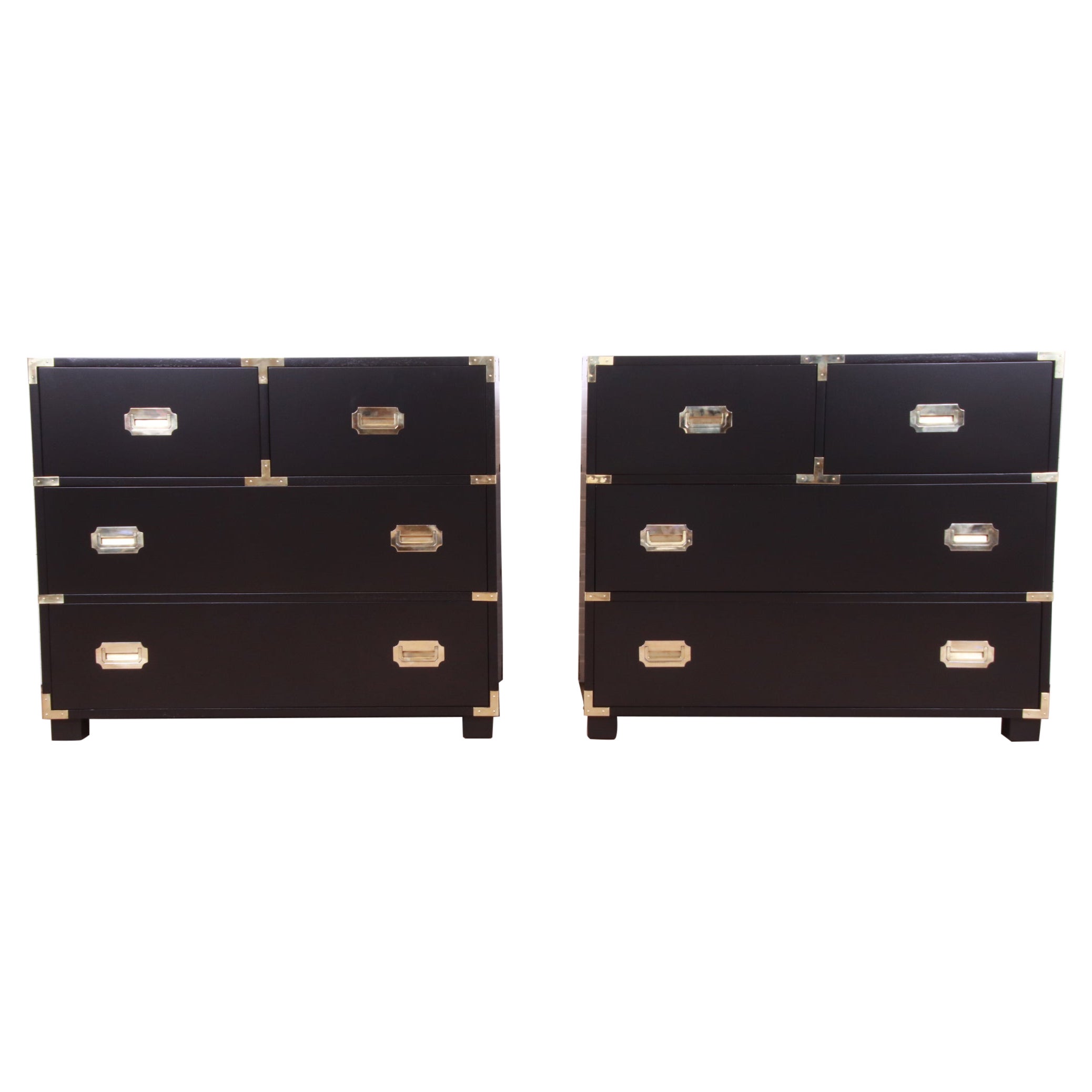 Michael Taylor for Baker Hollywood Regency Black Lacquered Campaign Chests, Pair