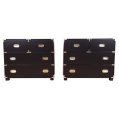 Michael Taylor for Baker Hollywood Regency Black Lacquered Campaign Chests, Pair