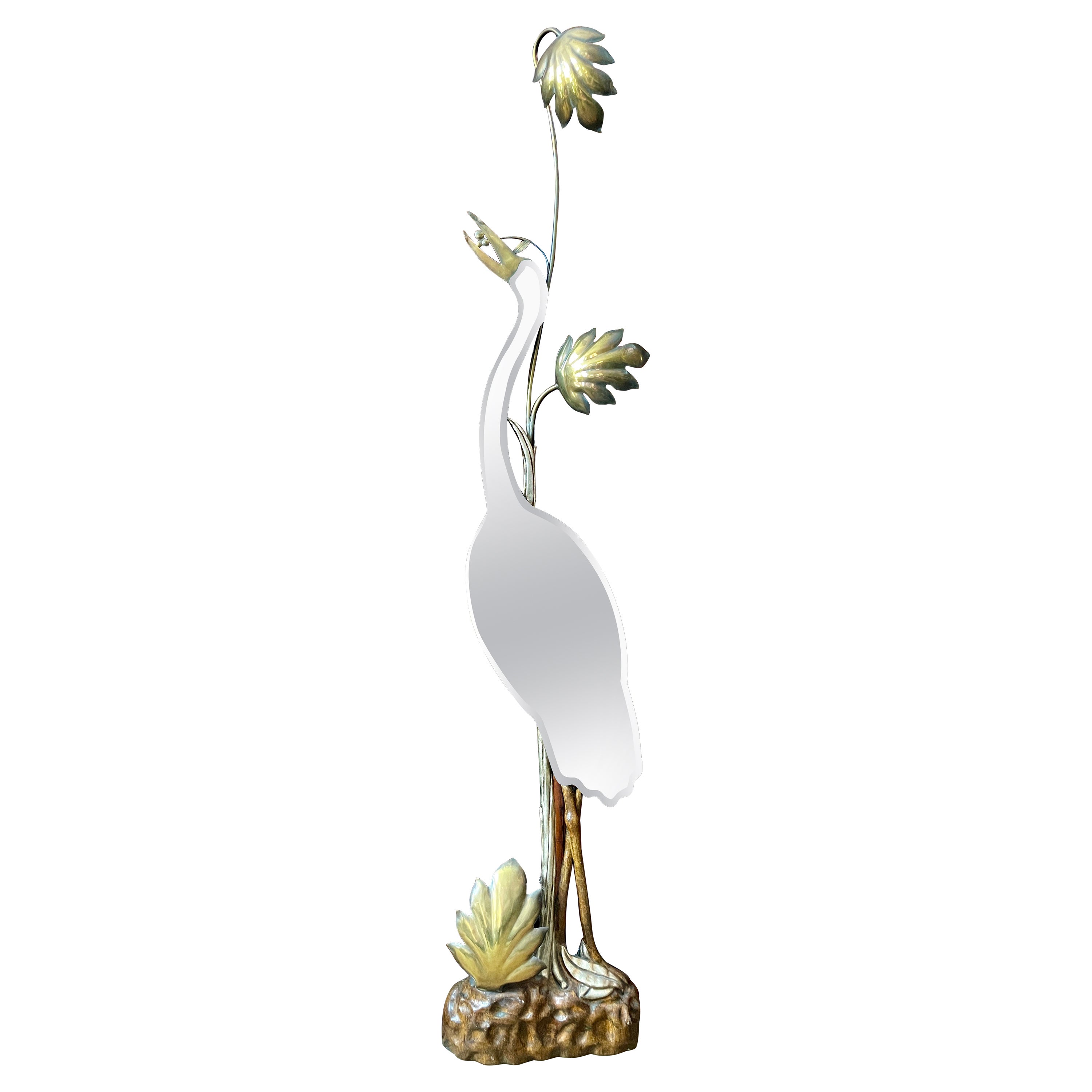 Italian Brass, Gilt and Mirrored Heron Floor Lamp For Sale