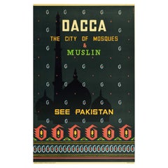 Original Vintage Travel Poster Dacca Mosque City Pakistan Muslin Bengal Dhaka