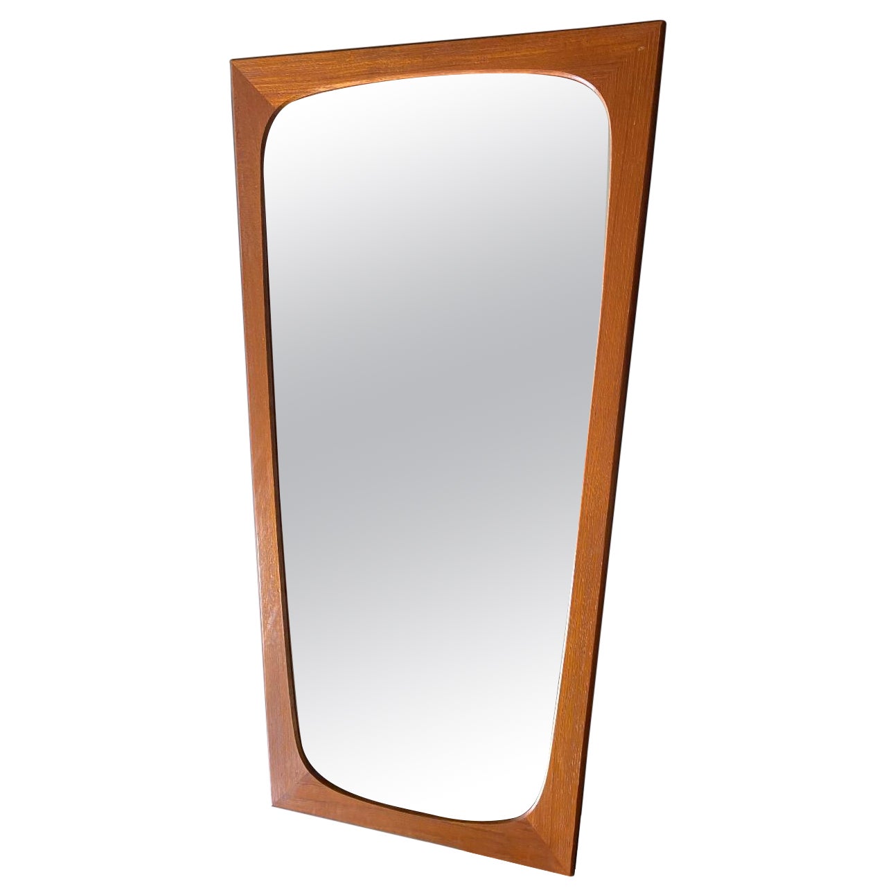 Mid-Century Danish Teak Slightly Tapered Hanging Wall Mirror Aarhus Glasimport For Sale