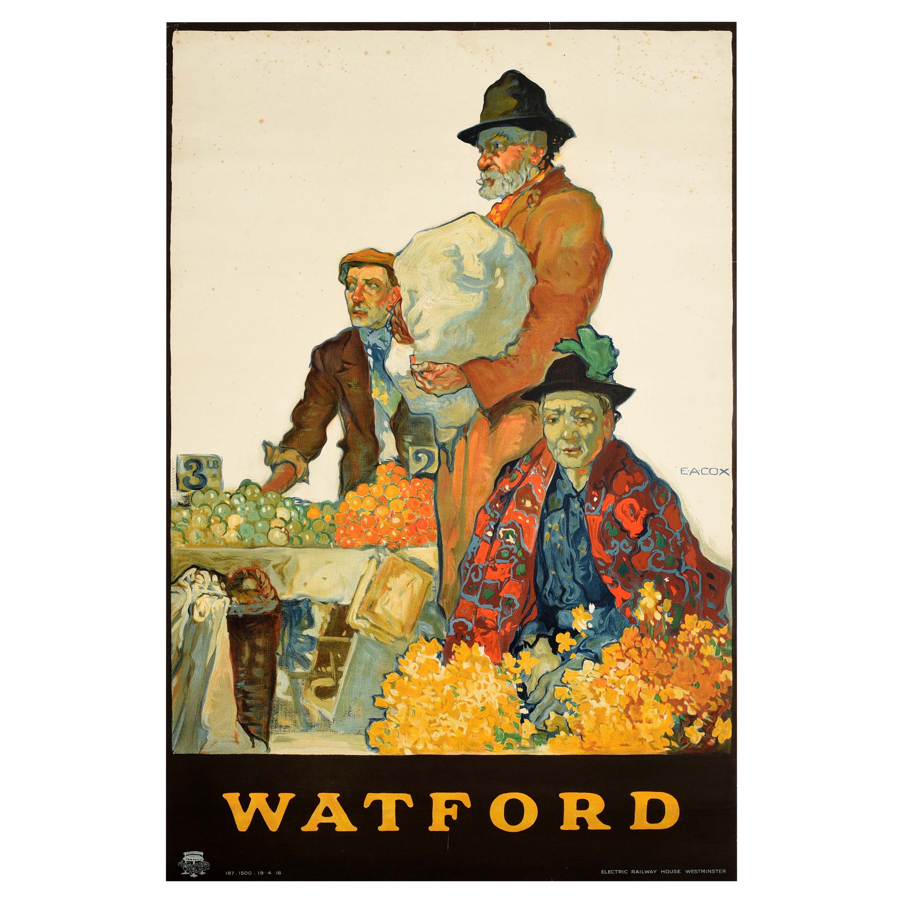 Affiche rétro originale de voyage, Transports à Londres, marché des chemins de fer électriques de Watford  en vente