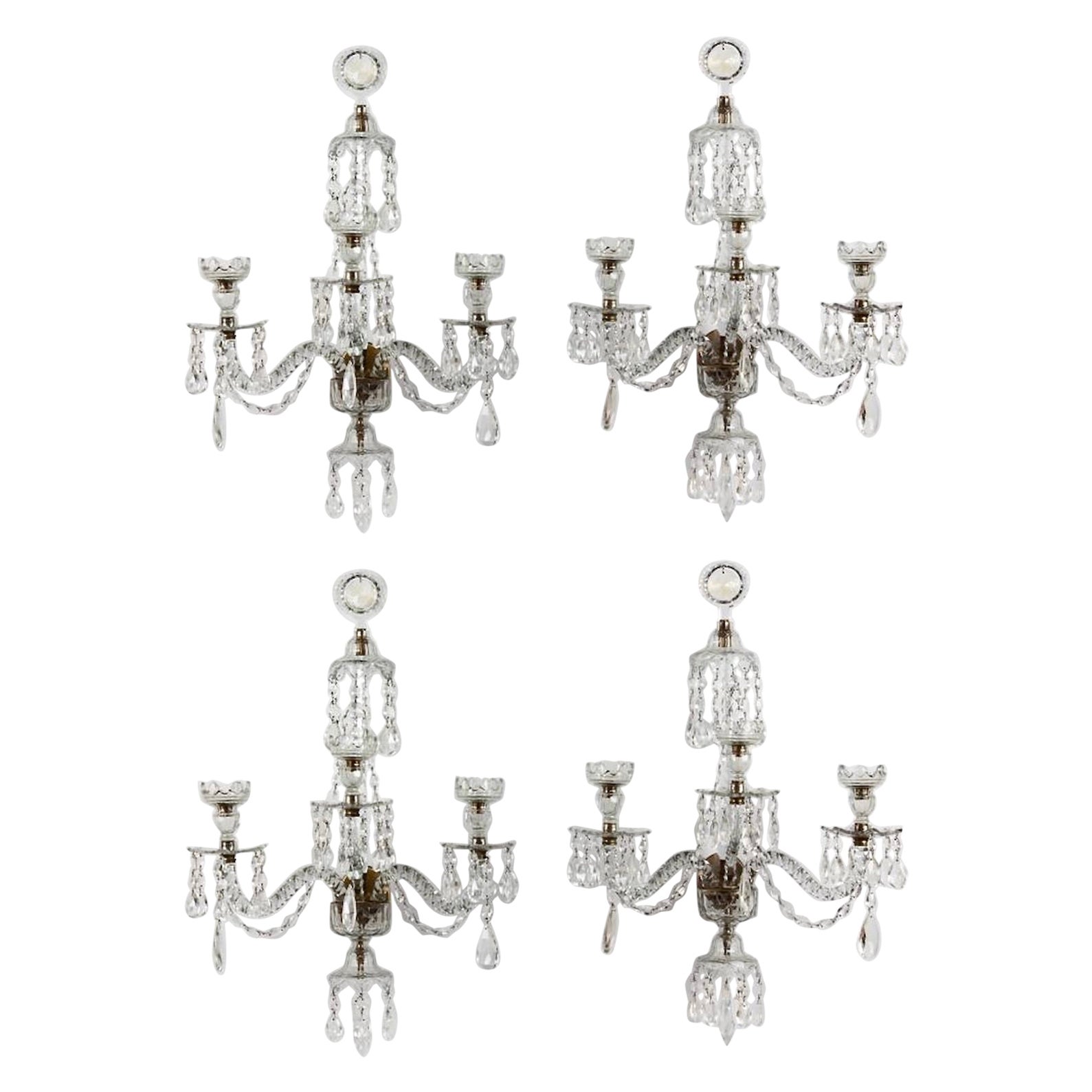 Set of Four Late George III Crystal Three Arm Wall Sconces For Sale
