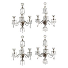 Set of Four Late George III Crystal Three Arm Wall Sconces