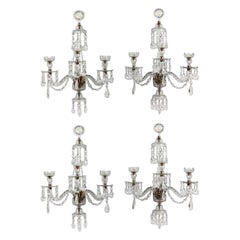 Antique Set of Four Late George III Crystal Three Arm Wall Sconces