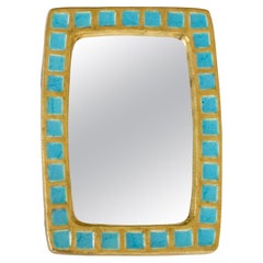 Used Mithé Espelt French Gold Ceramic and Fused Blue Glass Rectangular Mirror