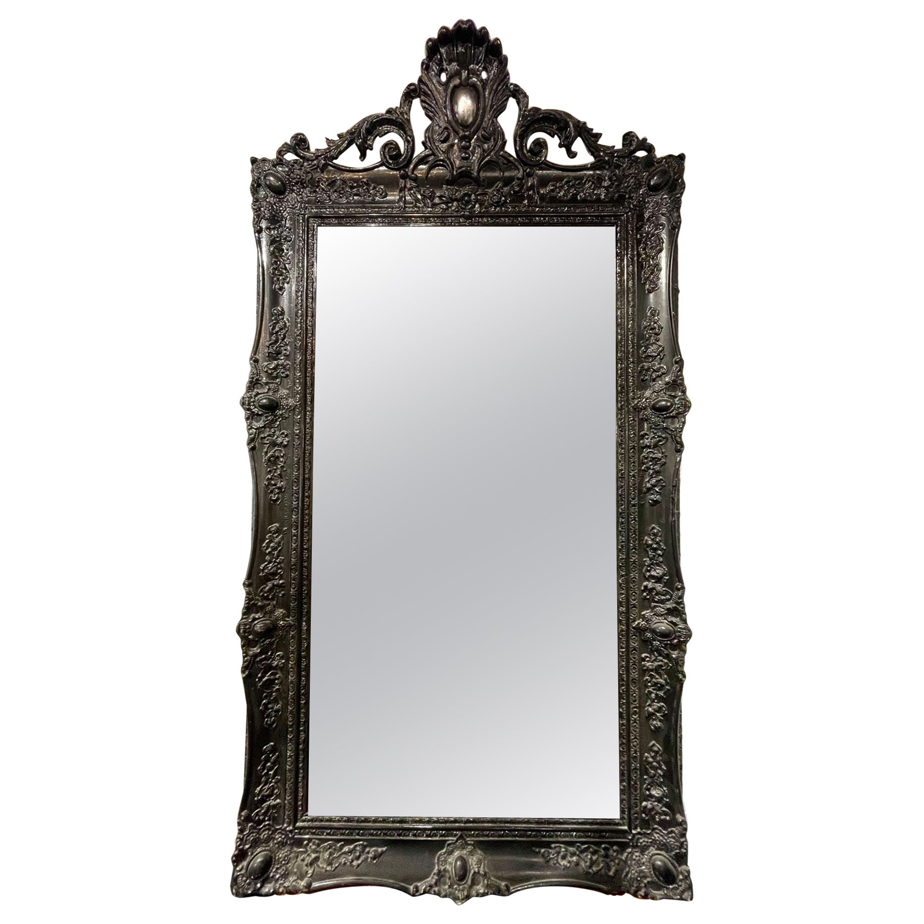 19th Century French Louis XV Style Carved and Black Lacquered Mirror For Sale