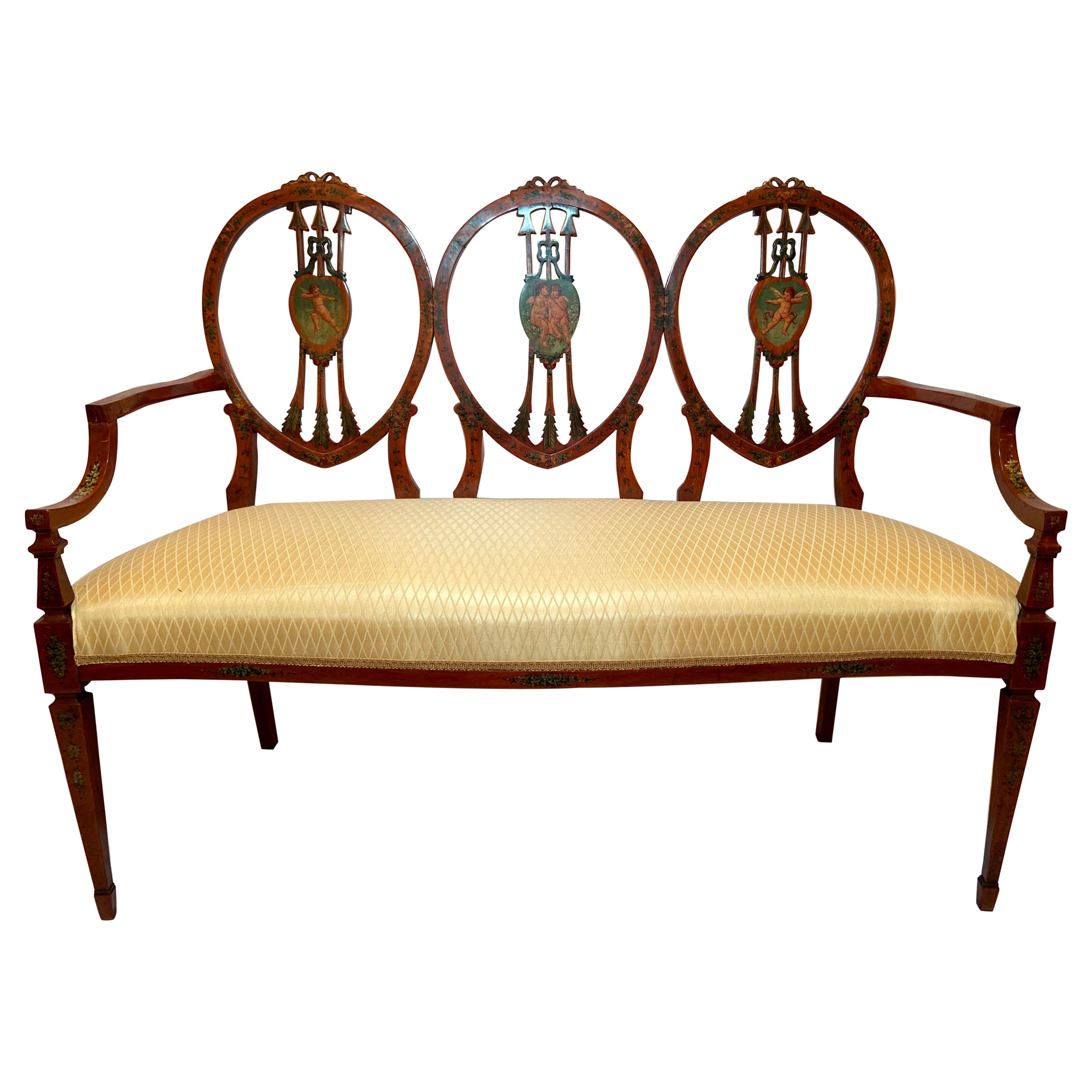Antique English Satinwood Settee, Circa 1895-1910 For Sale