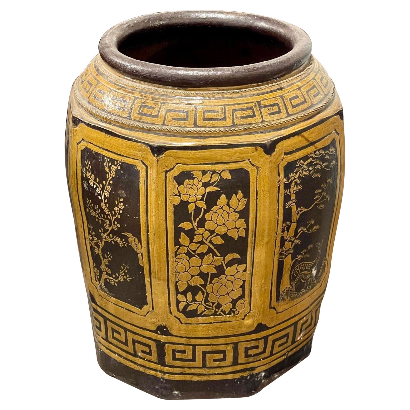 Mid-Century Oriental Glazed Planter with Greek Key Motif