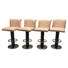Set of Four Post Modern Pink Leather & Steel Designs for Leisure Barstools, 1992