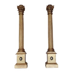 Pair of Vintage Italian Giltwood Neoclassical Architectural Column Candlesticks