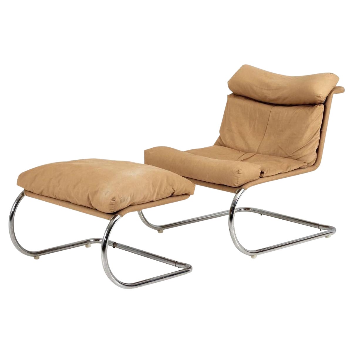 Stainless Steel & Canvas Cantilever MR Lounge Chair & Ottoman, 1960 For Sale