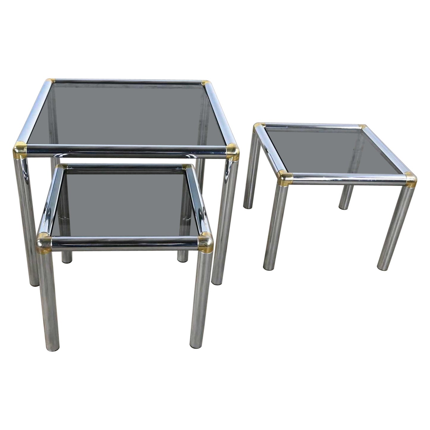 MCM to Modern Tubular Chrome Brass & Smoke Glass Trio of Cocktail or End Table For Sale