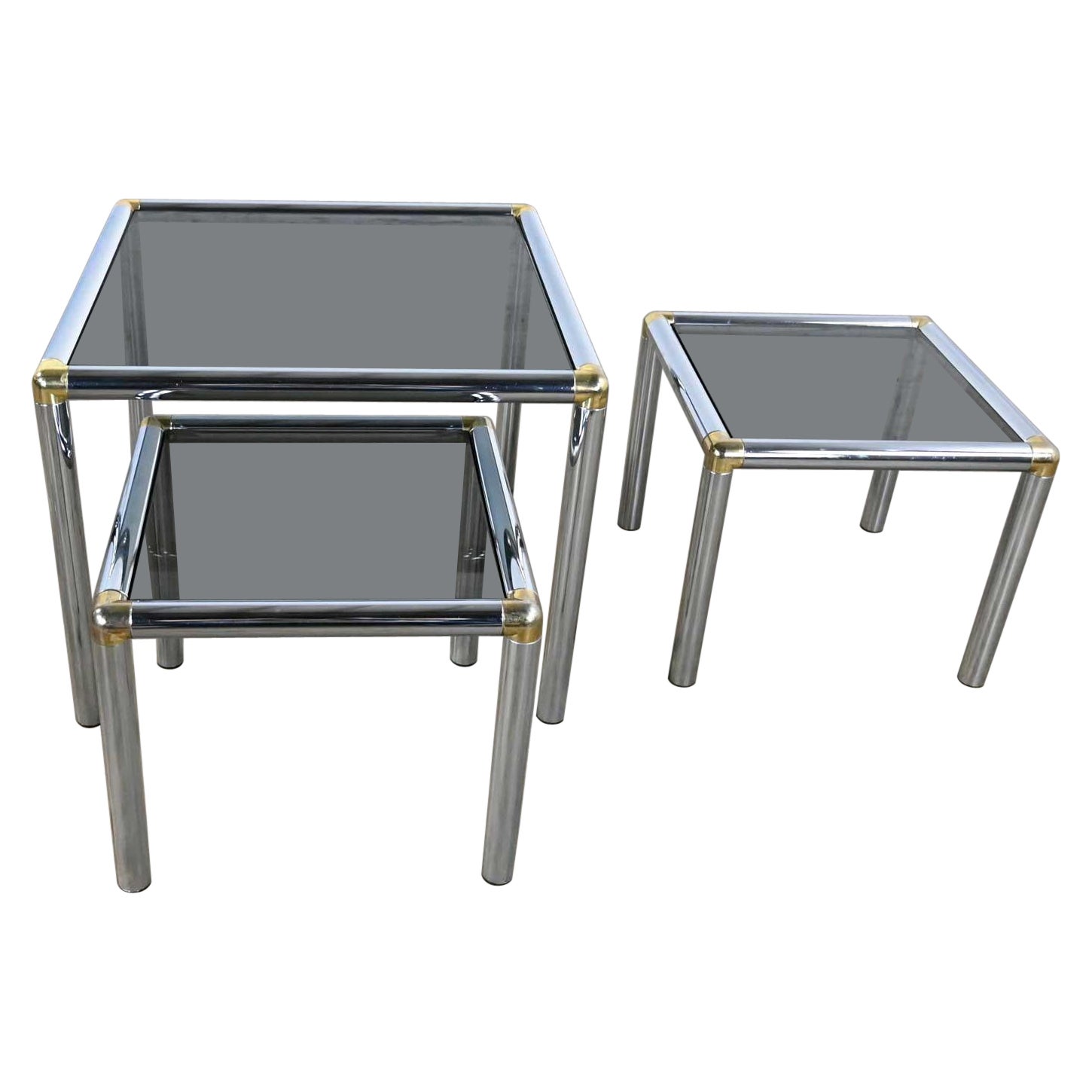 MCM to Modern Tubular Chrome Brass & Smoke Glass Trio of Cocktail or End Table