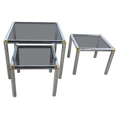 Used MCM to Modern Tubular Chrome Brass & Smoke Glass Trio of Cocktail or End Table