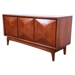 Mid-Century Modern Sculpted Walnut Diamond Front Dresser or Credenza by United