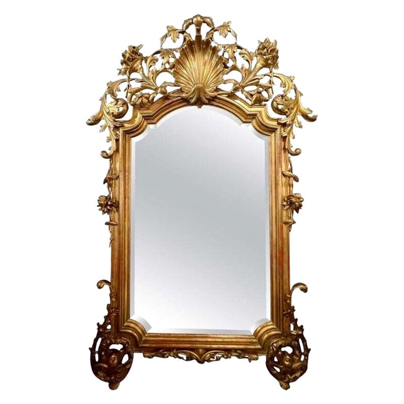 19th Century Large Scale French Rococo Carved and Giltwood Mirror For Sale