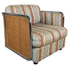 Retro Milo Baughman Chrome & Cane Square Tub Chair Blue Rust Fabric 1438 Thayer Coggin