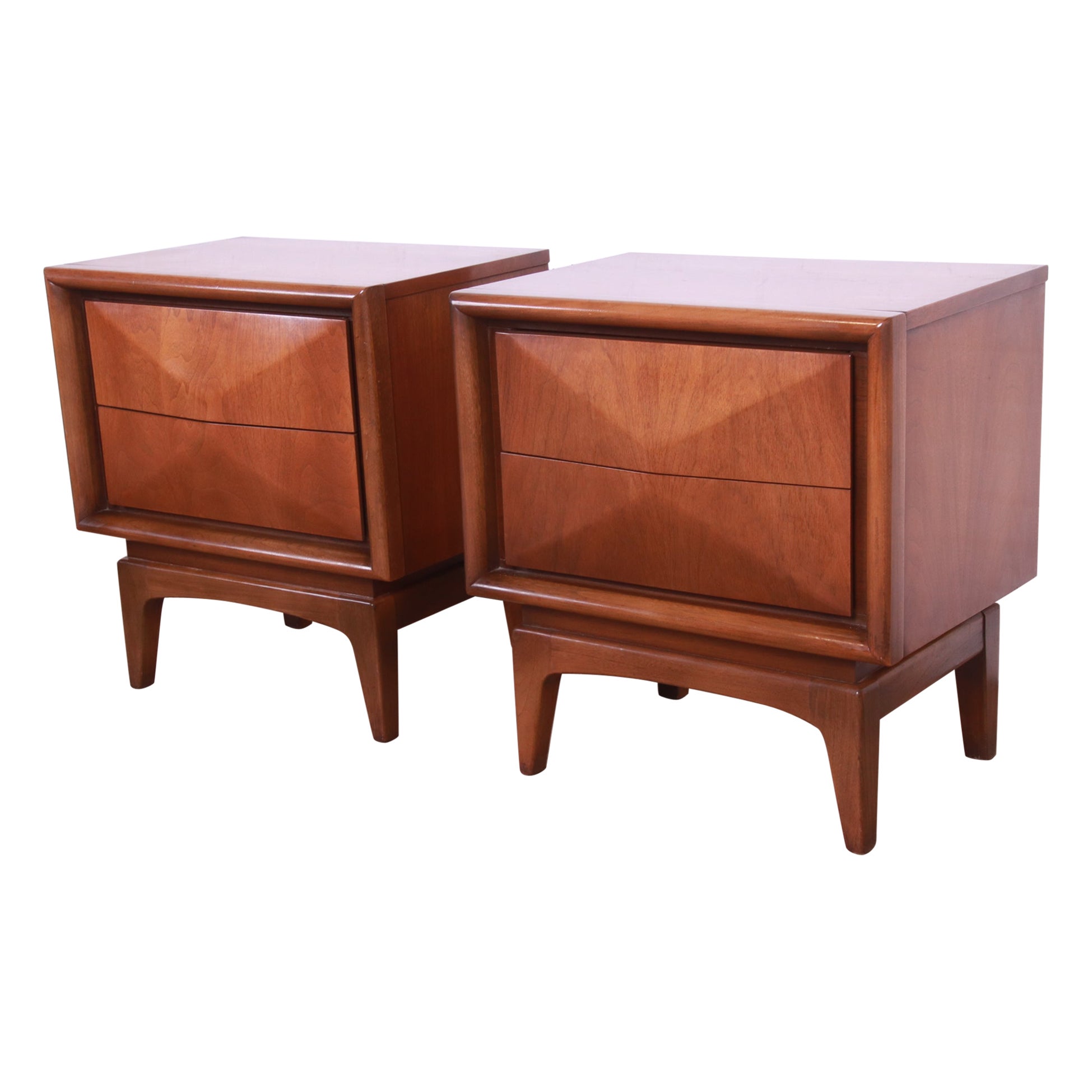 Mid-Century Modern Sculpted Walnut Diamond Front Nightstands by United, Pair