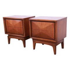Mid-Century Modern Sculpted Walnut Diamond Front Nightstands by United, Pair
