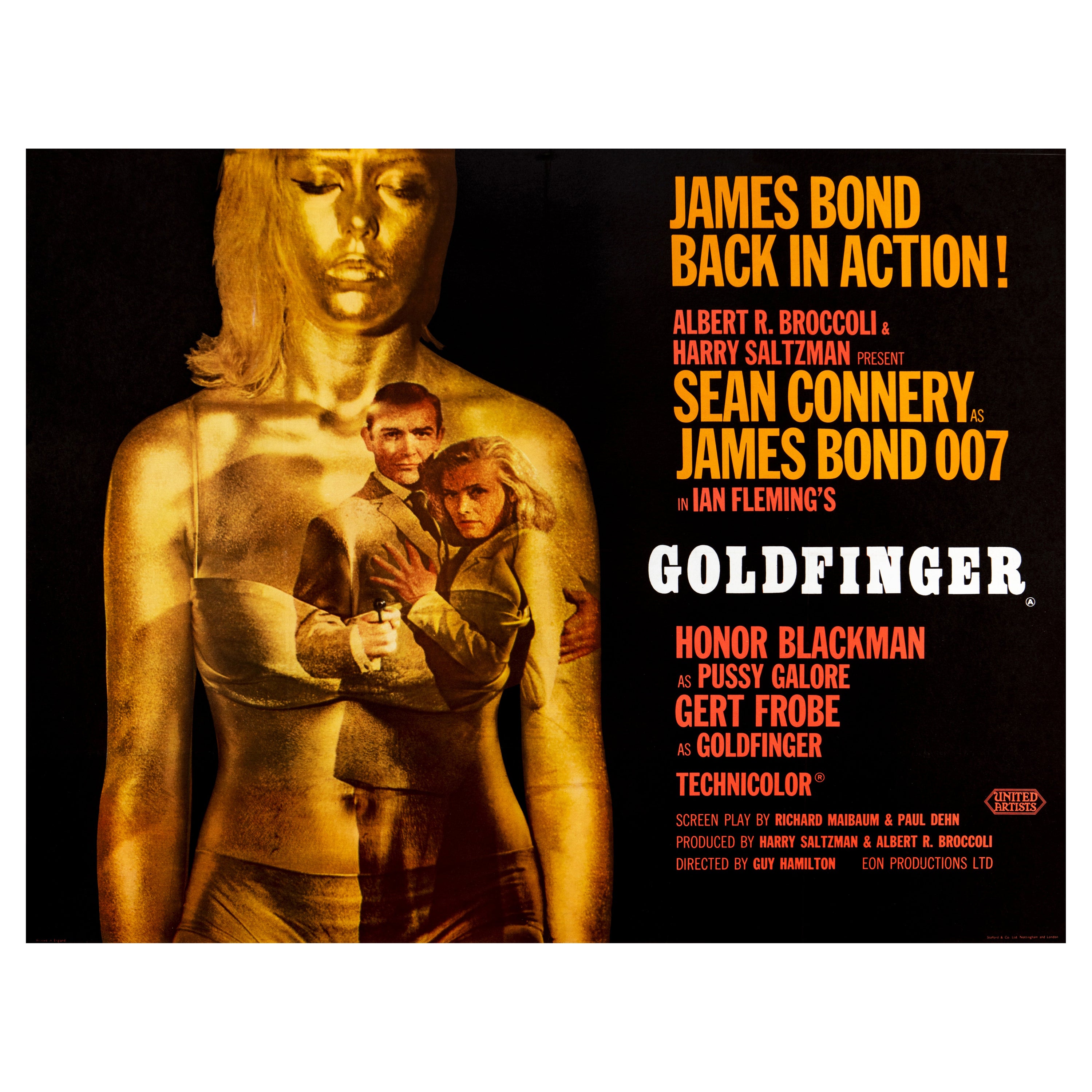 James Bond 'Goldfinger' Original Vintage British Quad Movie Poster, 1964 For Sale
