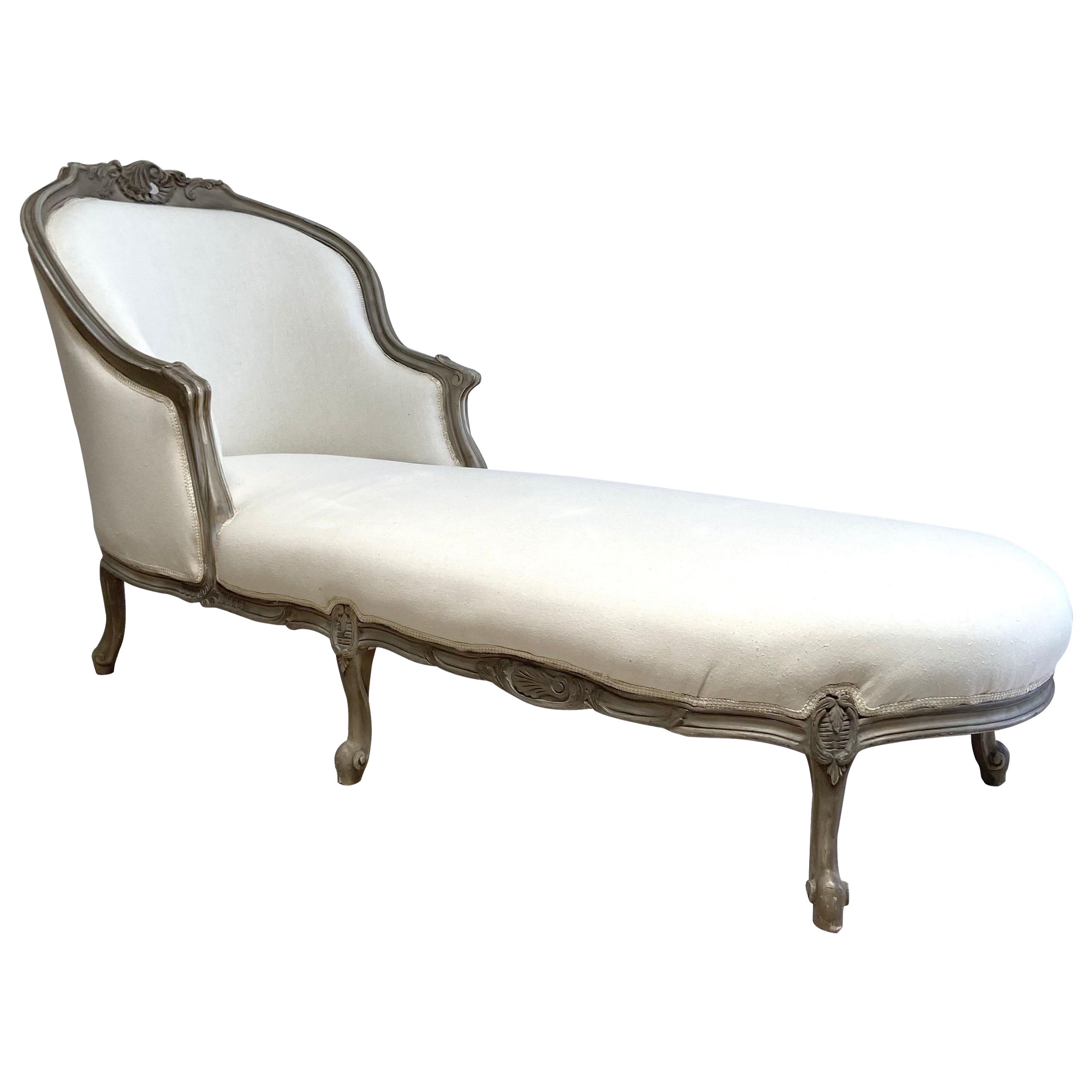 Vintage French Upholstered Chaise Lounge in Gray Finish For Sale at 1stDibs