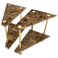 Vintage Pair Polished Brass Marble Trapezoid Two Tier Side End Tables Night Stands Mint