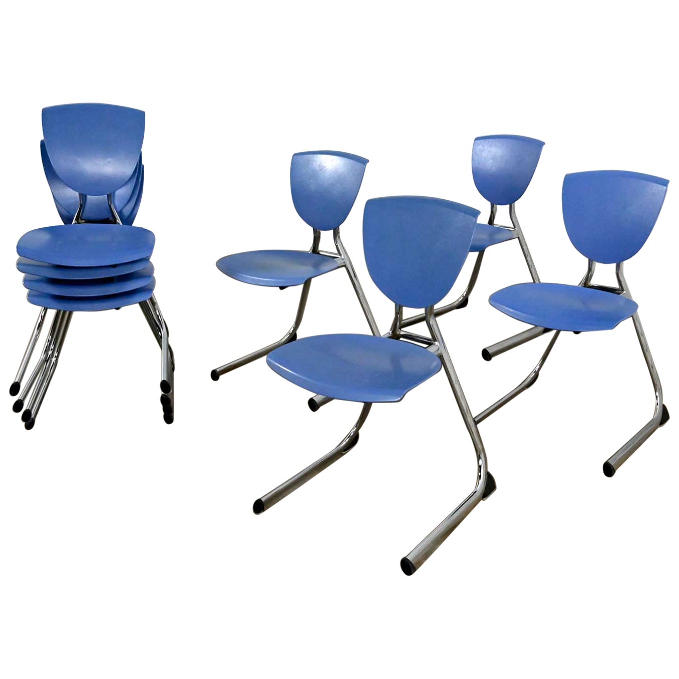8 KI Seating Modern Light Blue Plastic & Chrome Reverse Cantilever Dining Chairs For Sale