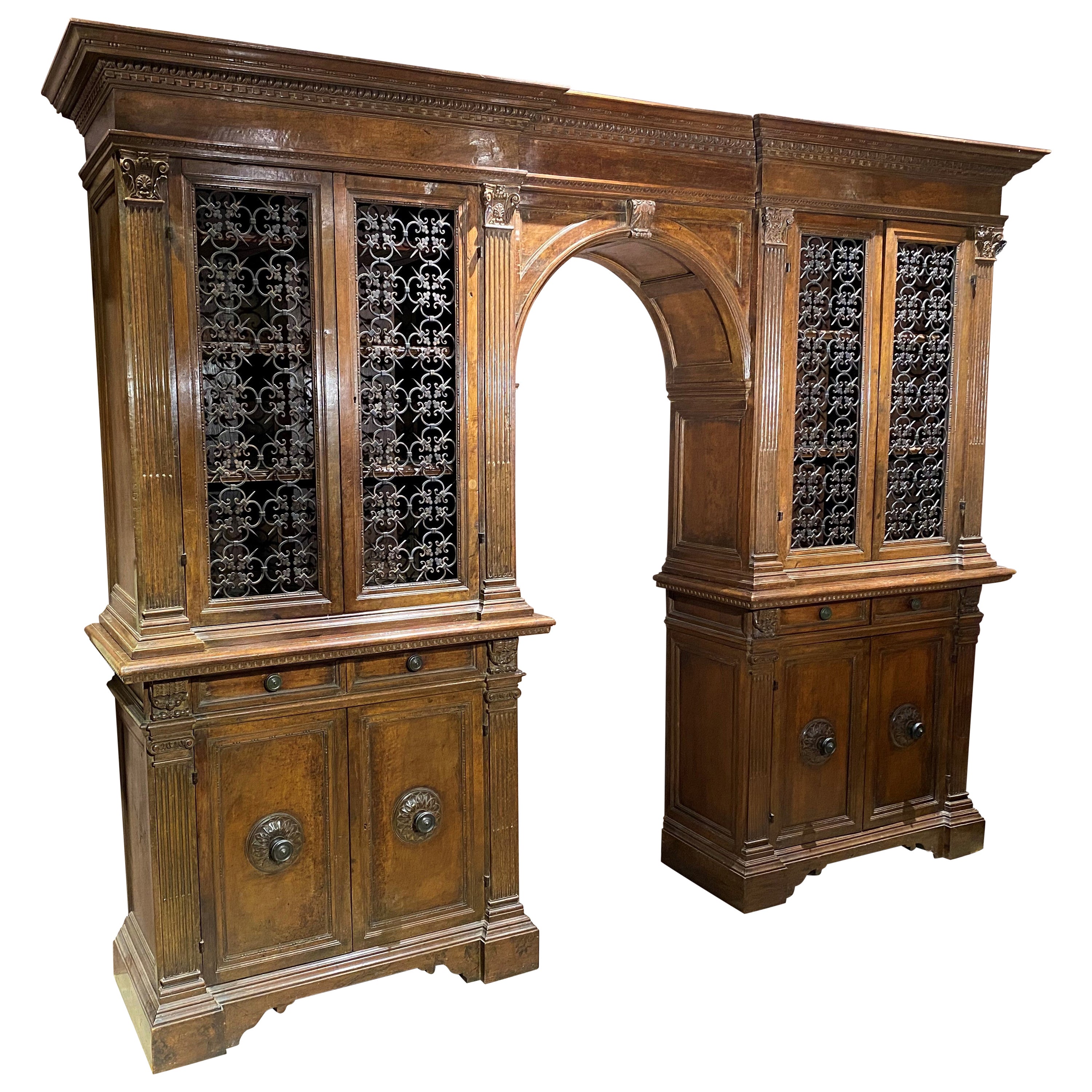 19th Century Large Renaissance Style Walnut Cabinet Bookcase with Arched Center For Sale