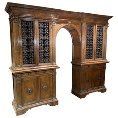 19th Century Large Renaissance Style Walnut Cabinet Bookcase with Arched Center