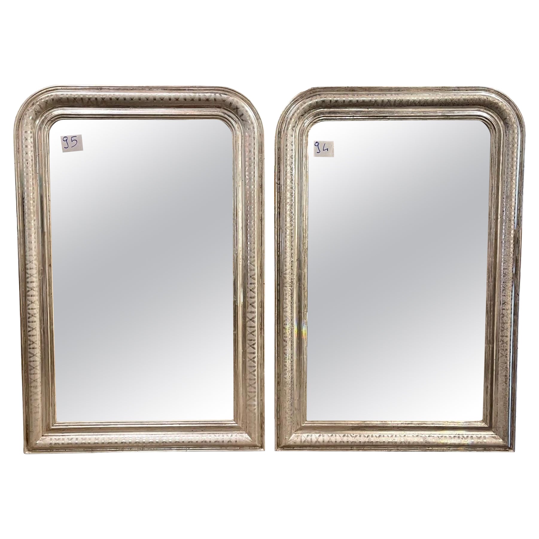 Pair of French Silver Leaf Louis Philippe Mirrors with X Pattern For Sale