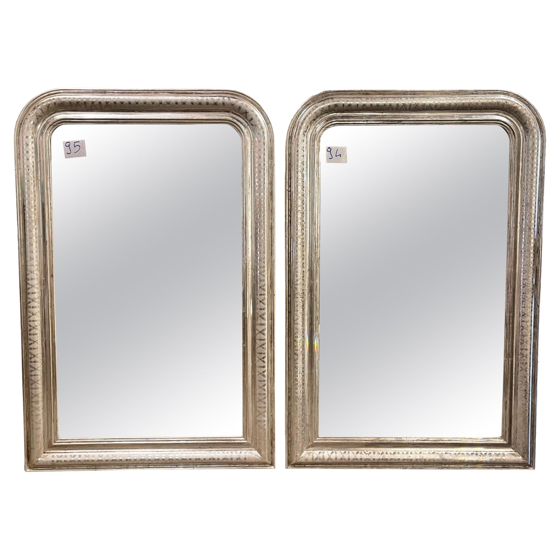 Pair of French Silver Leaf Louis Philippe Mirrors with X Pattern