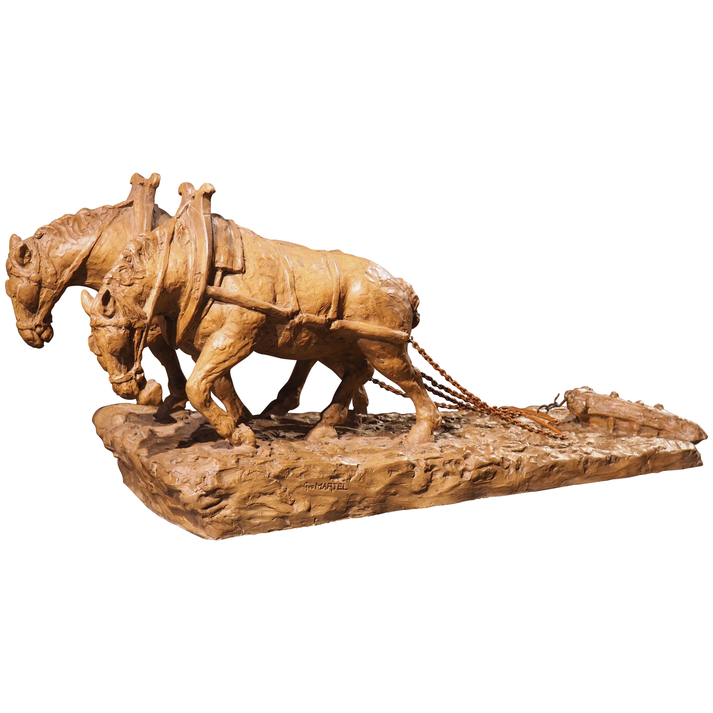 Early 1900s Terra Cotta Plow Horses Sculpture from France