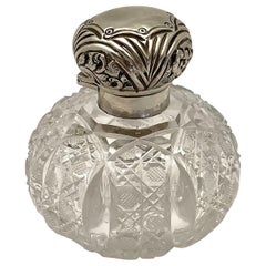Cut Crystal Perfume Bottle W/ Sterling Silver Top 
