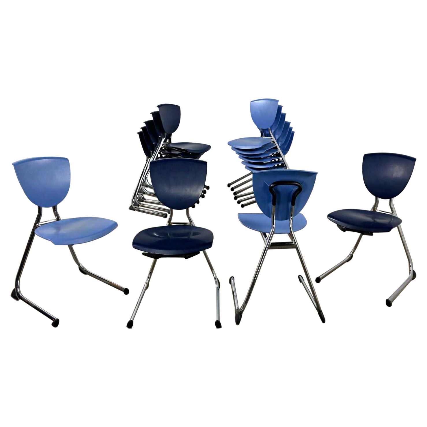 15 KI Krueger International Modern Blue Plastic & Chrome Stacking Dining Chairs For Sale