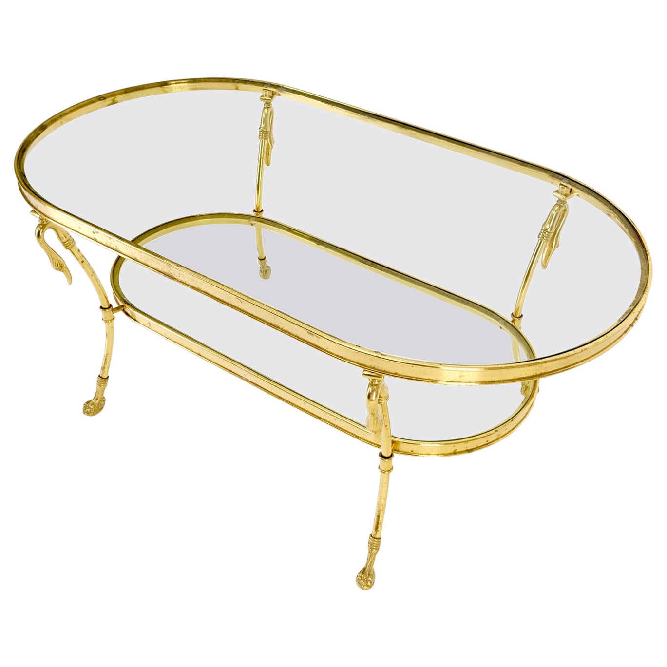 Solid Brass Swan Motive Oval Racetrack Shape Two Tier Coffee Table Mid Century For Sale