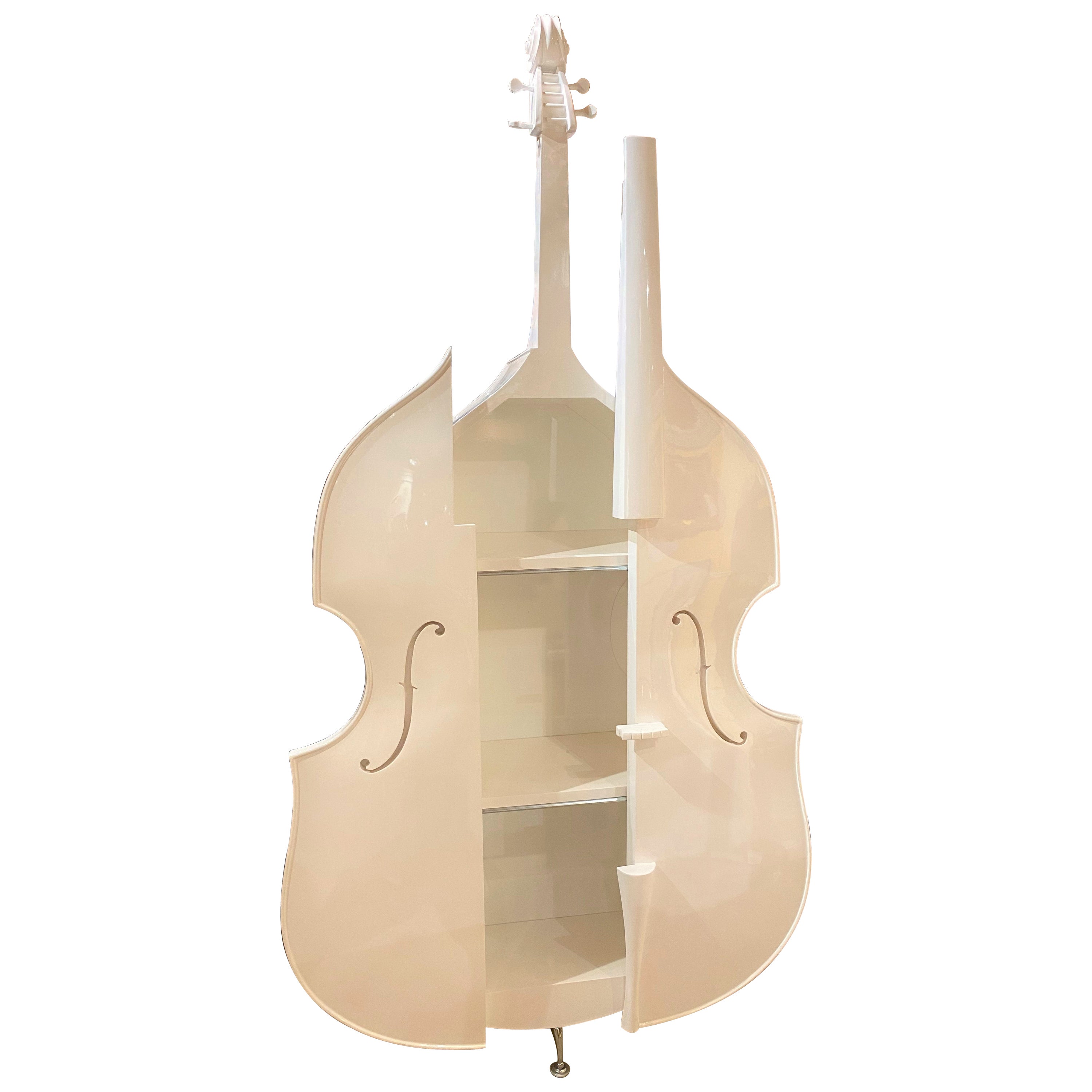 White Lacquered Modern Double Bass or Cello Form Three Shelf Cabinet or Bookcase For Sale